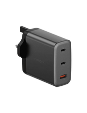 شاحن حائط ENERGEA Ampcharge GaN100، منفذان USB-C + منفذ USB-A واحد، بقوة 100 واط - لون رمادي معدني