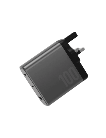شاحن حائط ENERGEA Ampcharge GaN100، منفذان USB-C + منفذ USB-A واحد، بقوة 100 واط - لون رمادي معدني