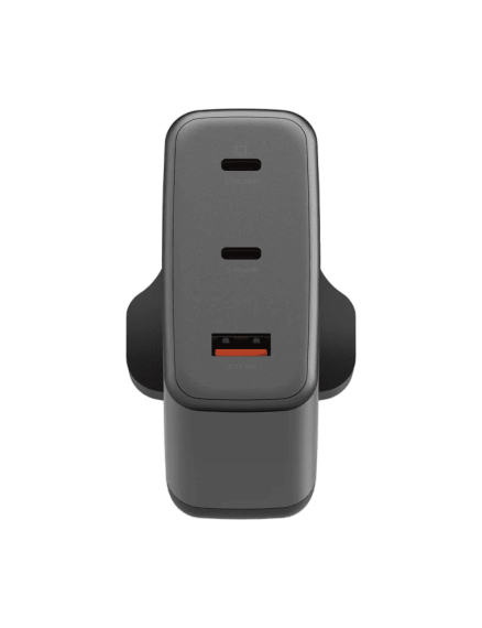 شاحن حائط ENERGEA Ampcharge GaN100، منفذان USB-C + منفذ USB-A واحد، بقوة 100 واط - لون رمادي معدني