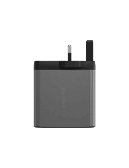 شاحن حائط ENERGEA Ampcharge GaN100، منفذان USB-C + منفذ USB-A واحد، بقوة 100 واط - لون رمادي معدني