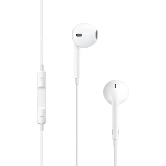 Apple EarPods with a 3.5 mm headphone plug, featuring a built-in remote and microphone along the cord for controlling media playback and answering calls.