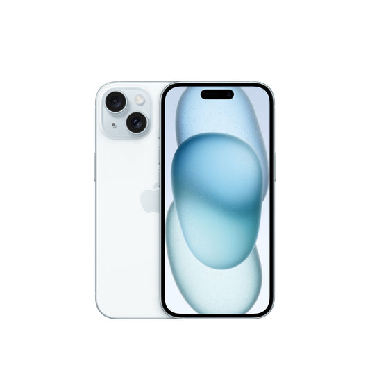 A studio product render of the blue iPhone 15 showing both the rear panel with its diagonal dual-lens camera module inside a square bump and the front display featuring the pill-shaped Dynamic Island cutout.