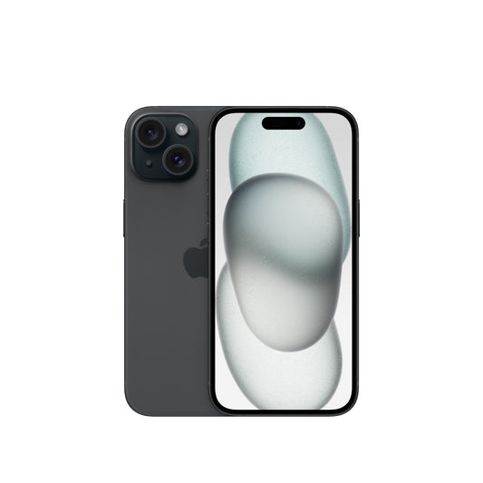 A studio product render of the black iPhone 15 showing both the rear panel with its diagonal dual-lens camera module inside a square bump and the front display featuring the pill-shaped Dynamic Island cutout.