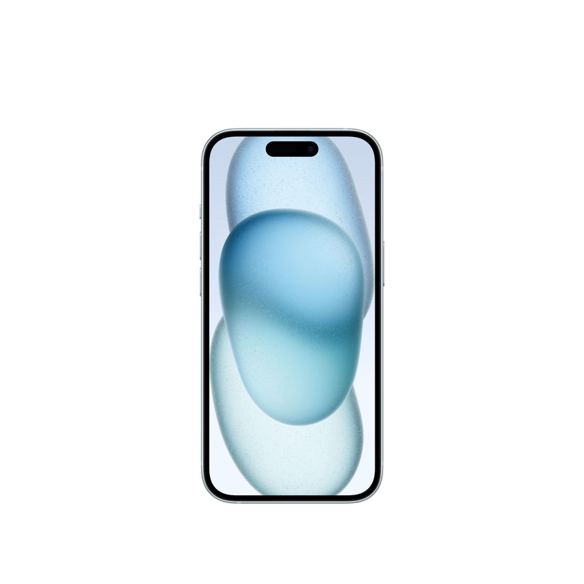 A studio product render of the blue iPhone 15 showing the front display with its pill-shaped Dynamic Island cutout and thin bezels.