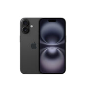 A dual view of the dark-colored iPhone 16 showcasing both the rear panel with its vertical dual-lens camera module and centered Apple logo, alongside the front-facing Super Retina XDR display featuring slim bezels and the pill-shaped Dynamic Island cutout.