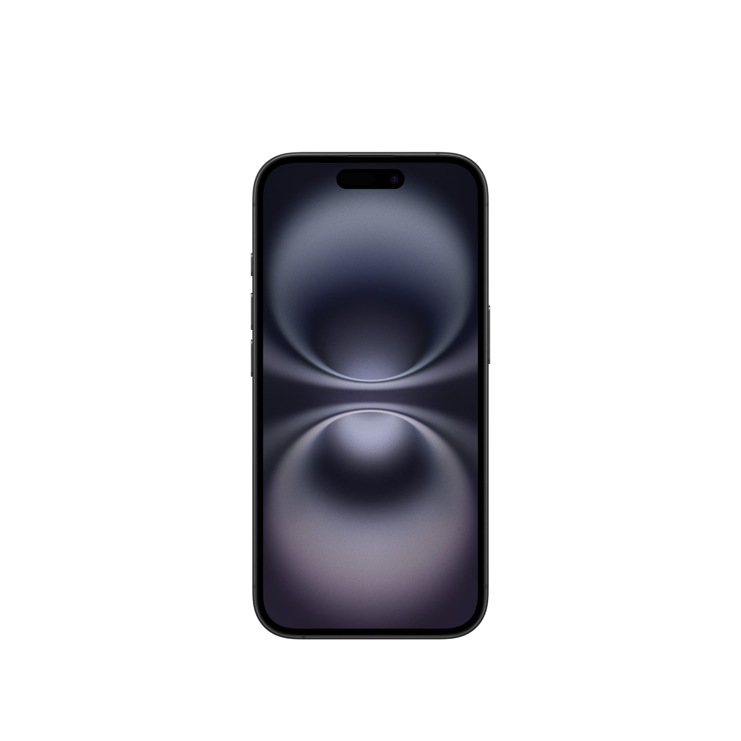 A front-facing view of the dark-colored iPhone 16 showcasing its Super Retina XDR display, slim bezels, physical side buttons on the edge, and the pill-shaped Dynamic Island cutout.