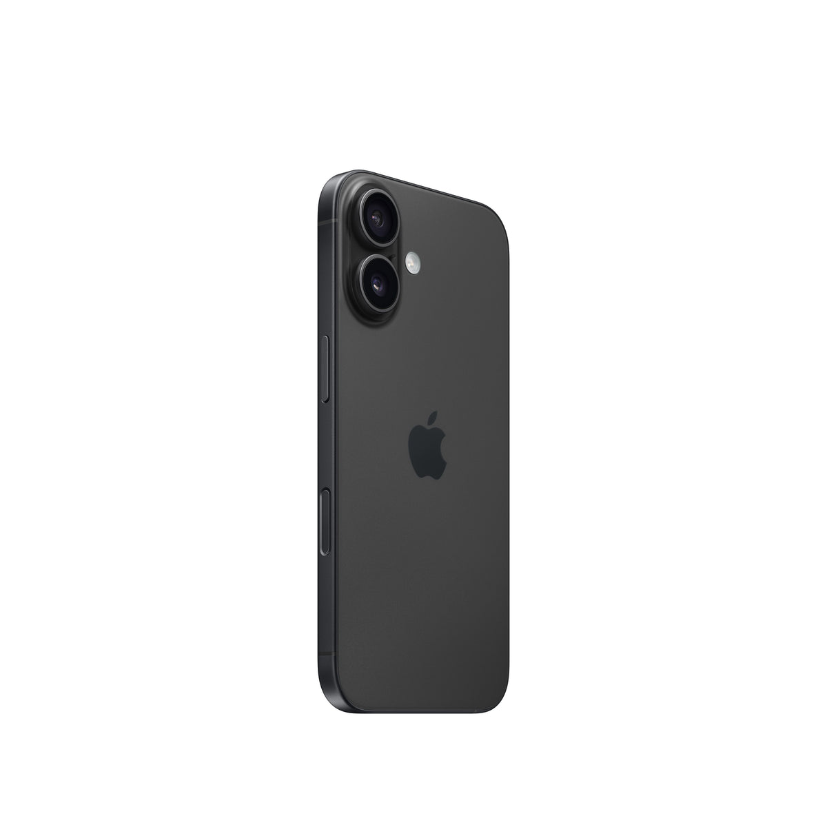 An angled rear view of the dark-colored iPhone 16 highlighting its matte glass back, centered Apple logo, vertical dual-lens camera pill, and the physical buttons along the left edge.