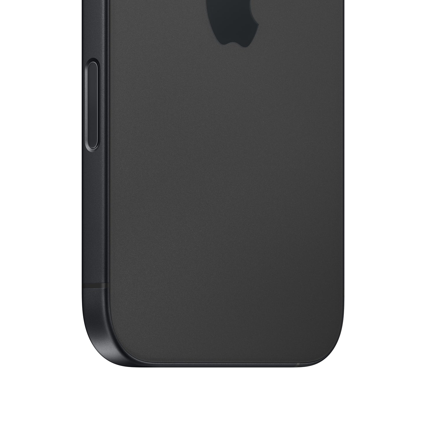 A close-up macro view of the dark-colored iPhone 16 showing the rounded bottom corner, the matte glass back with the lower portion of the Apple logo, and the physical Camera Control button embedded flush into the side frame.
