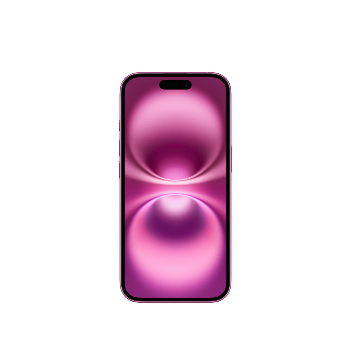 A front-facing view of the pink iPhone 16 showing its vibrant pink Super Retina XDR display, slim bezels, side buttons along the color-matched frame, and the pill-shaped Dynamic Island cutout.