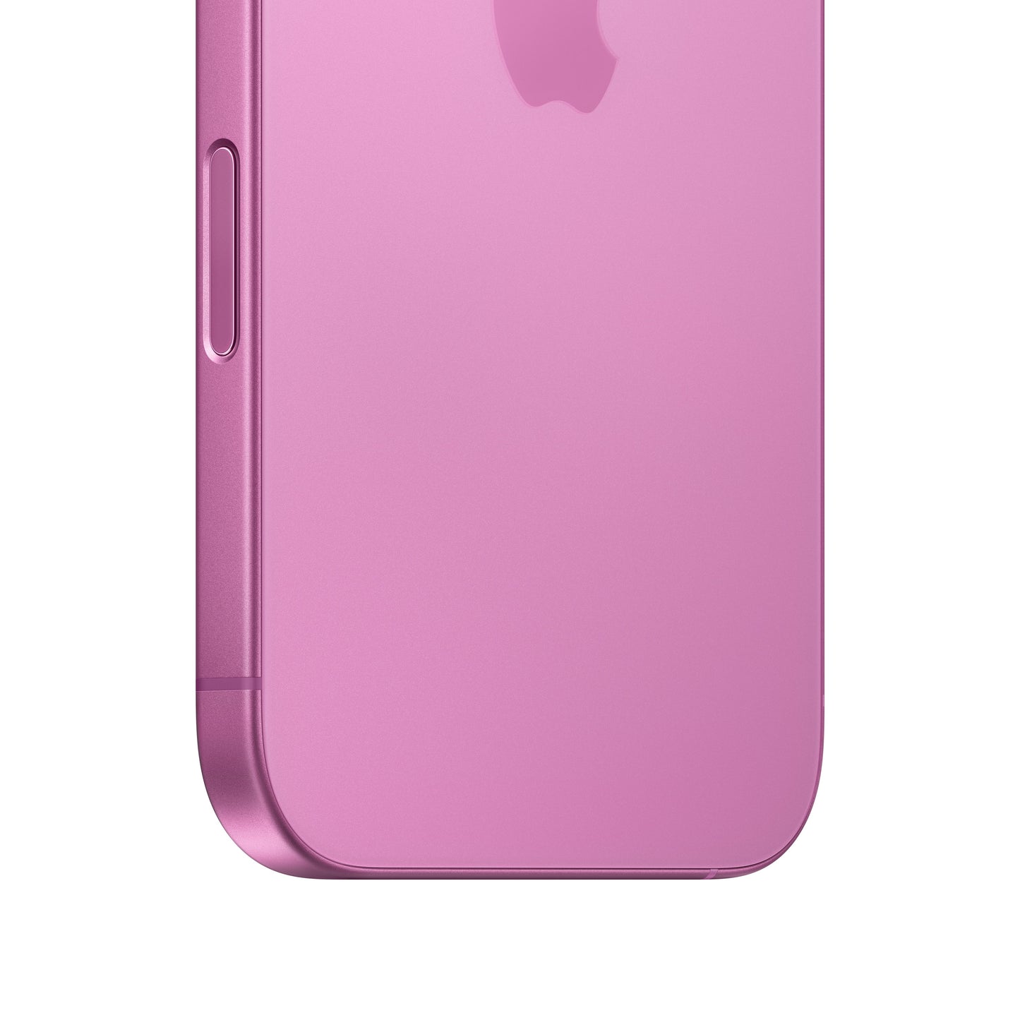 A close-up macro view of the pink iPhone 16 highlighting the rounded bottom corner, the vibrant matte glass back showing the lower portion of the Apple logo, and the physical Camera Control button smoothly integrated into the color-matched aluminum side frame.
