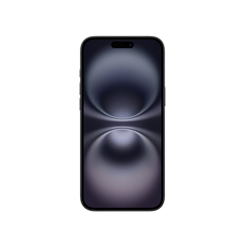 A front-facing view of the dark-colored iPhone 16 showcasing its Super Retina XDR display, slim bezels, physical side buttons on the edge, and the pill-shaped Dynamic Island cutout.