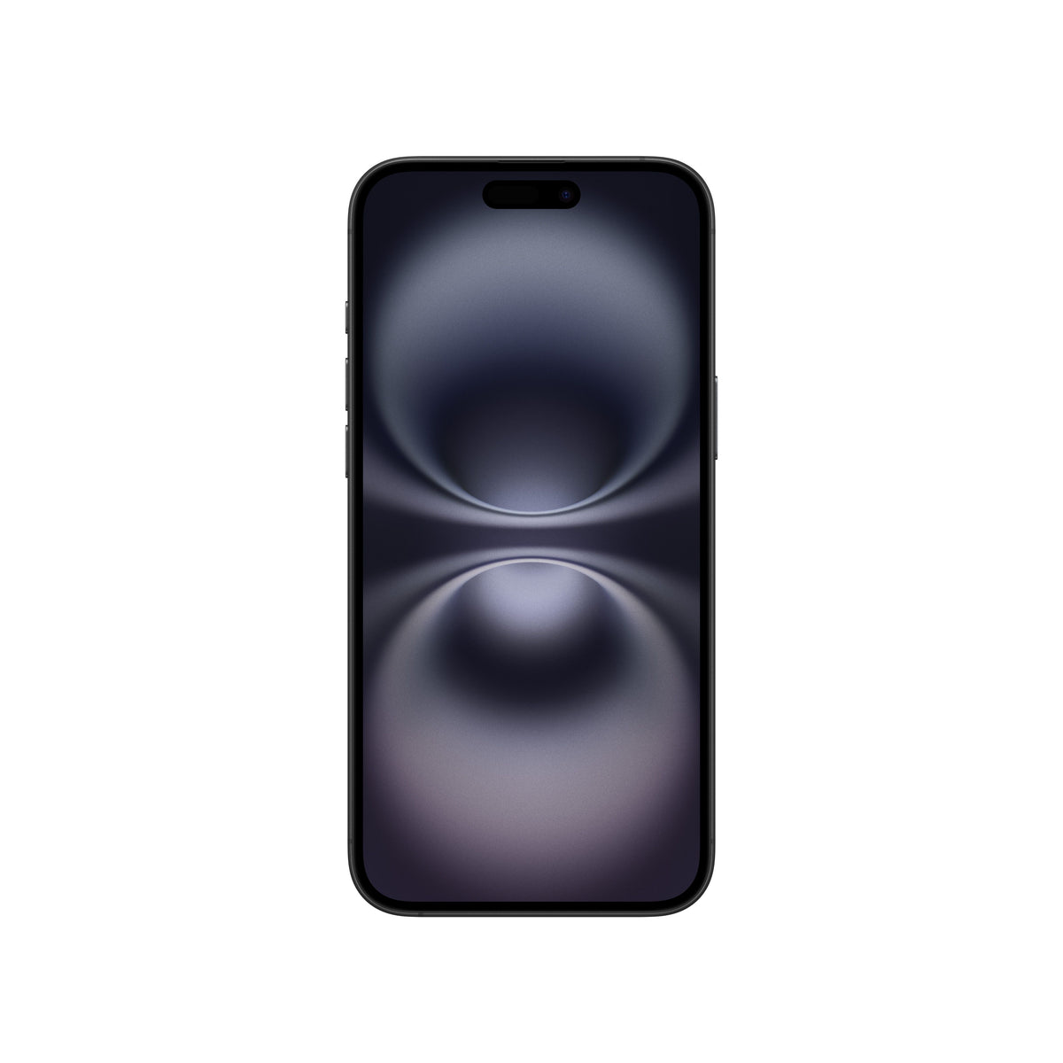 A front-facing view of the dark-colored iPhone 16 showcasing its Super Retina XDR display, slim bezels, physical side buttons on the edge, and the pill-shaped Dynamic Island cutout.