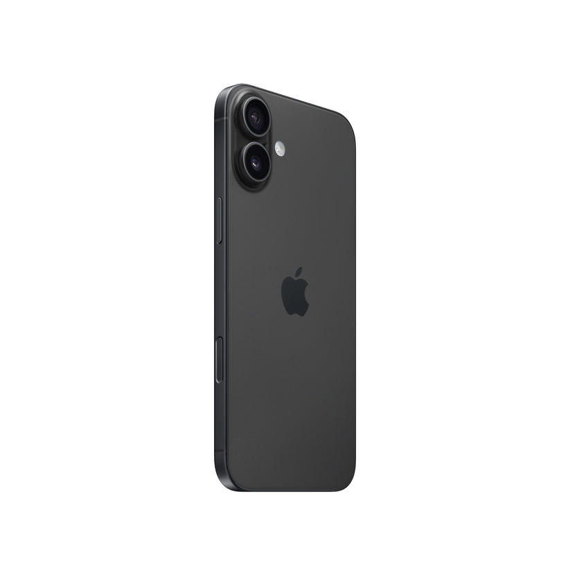 An angled rear view of the dark-colored iPhone 16 highlighting its matte glass back, centered Apple logo, vertical dual-lens camera pill, and the physical buttons along the left edge.