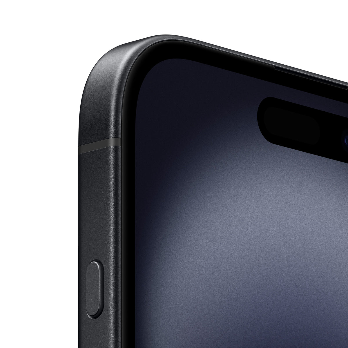 A close-up macro view of the dark-colored iPhone 16 showing the top-left corner of the display, the pill-shaped Dynamic Island cutout, and the textured side button housing along the dark aluminum frame.