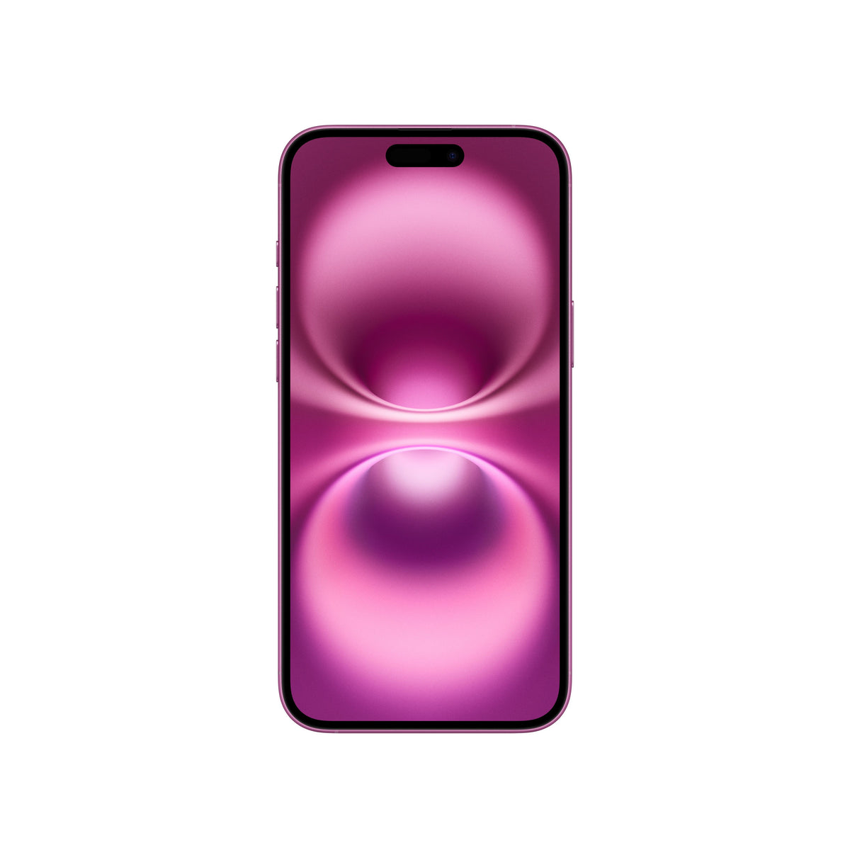 A front-facing view of the pink iPhone 16 showing its vibrant pink Super Retina XDR display, slim bezels, side buttons along the color-matched frame, and the pill-shaped Dynamic Island cutout.