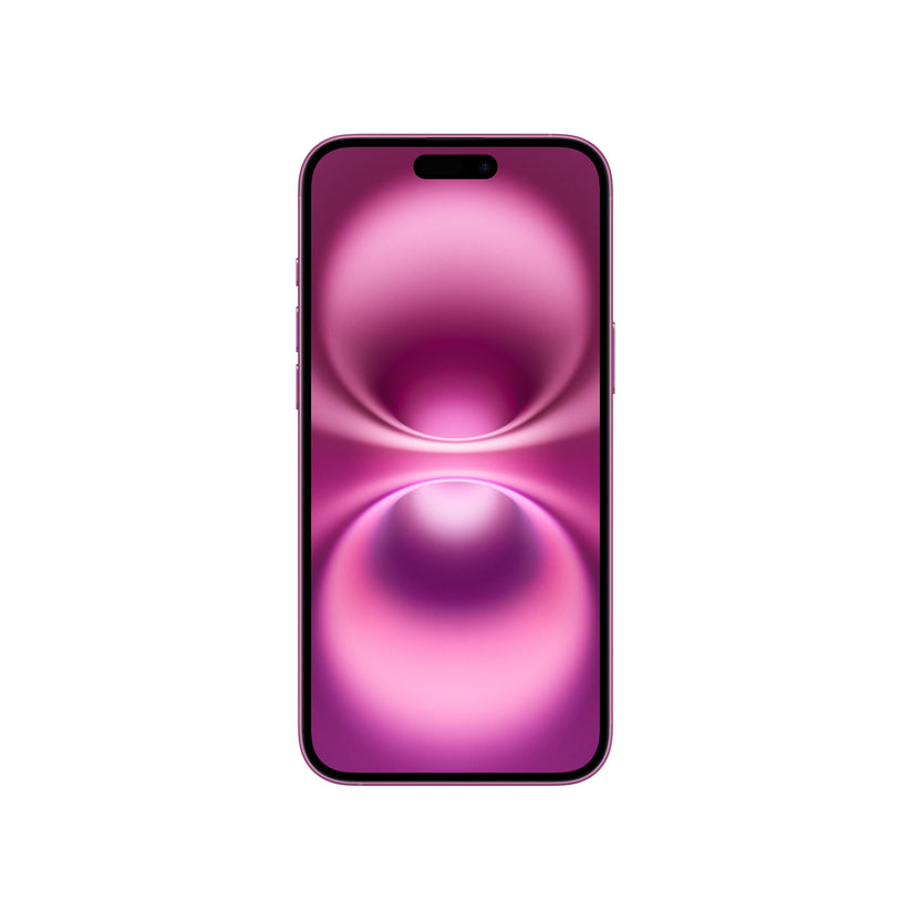 A front-facing view of the pink iPhone 16 showing its vibrant pink Super Retina XDR display, slim bezels, side buttons along the color-matched frame, and the pill-shaped Dynamic Island cutout.