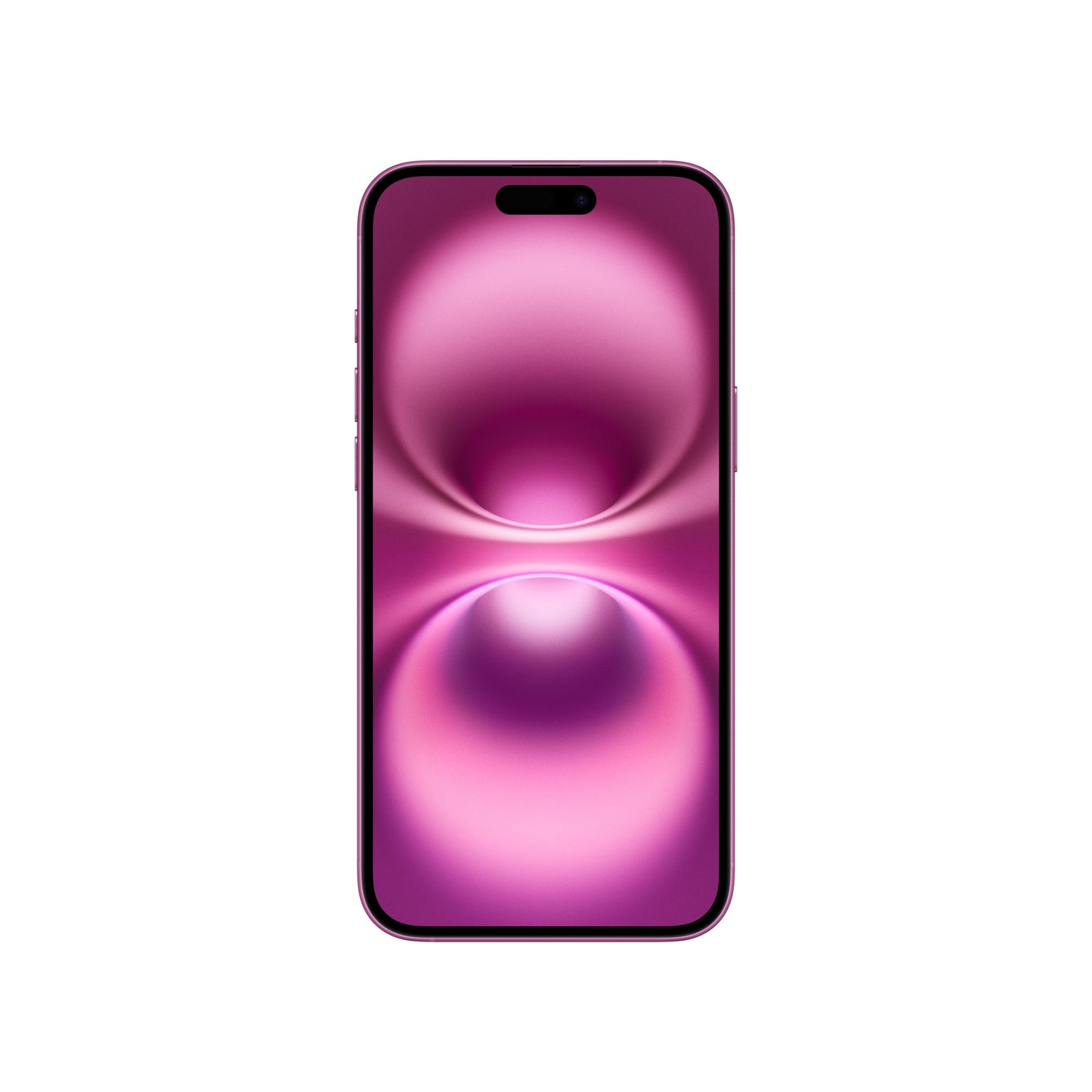 A front-facing view of the pink iPhone 16 showing its vibrant pink Super Retina XDR display, slim bezels, side buttons along the color-matched frame, and the pill-shaped Dynamic Island cutout.