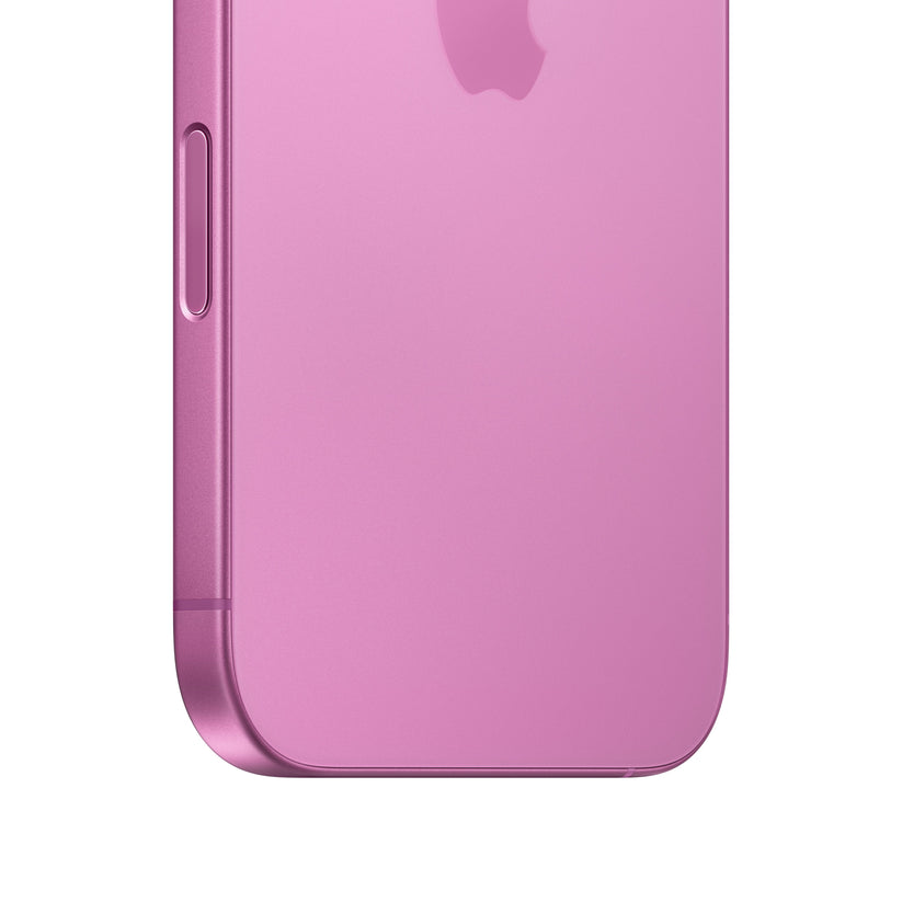 A close-up macro view of the pink iPhone 16 highlighting the rounded bottom corner, the vibrant matte glass back showing the lower portion of the Apple logo, and the physical Camera Control button smoothly integrated into the color-matched aluminum side frame.