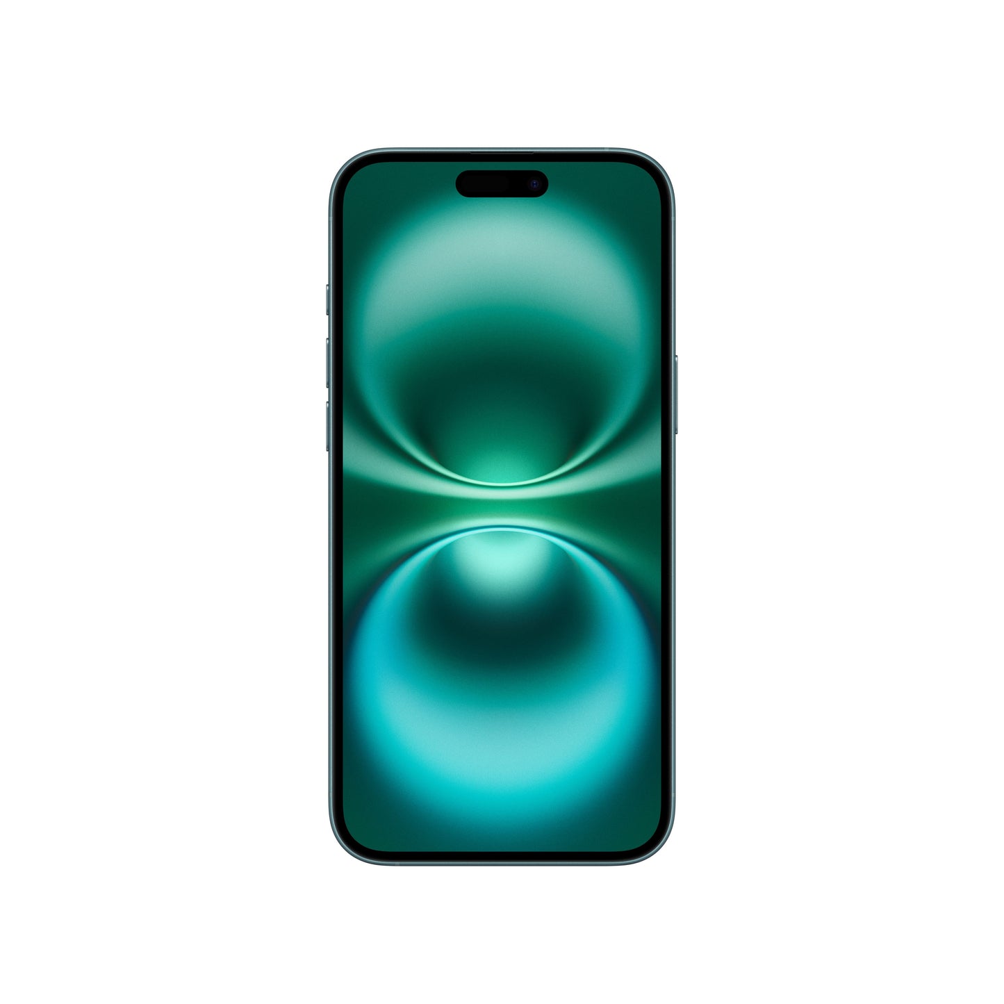 A front-facing view of the teal iPhone 16 showing its rich teal Super Retina XDR display, slim bezels, side buttons along the color-matched aluminum frame, and the pill-shaped Dynamic Island cutout.