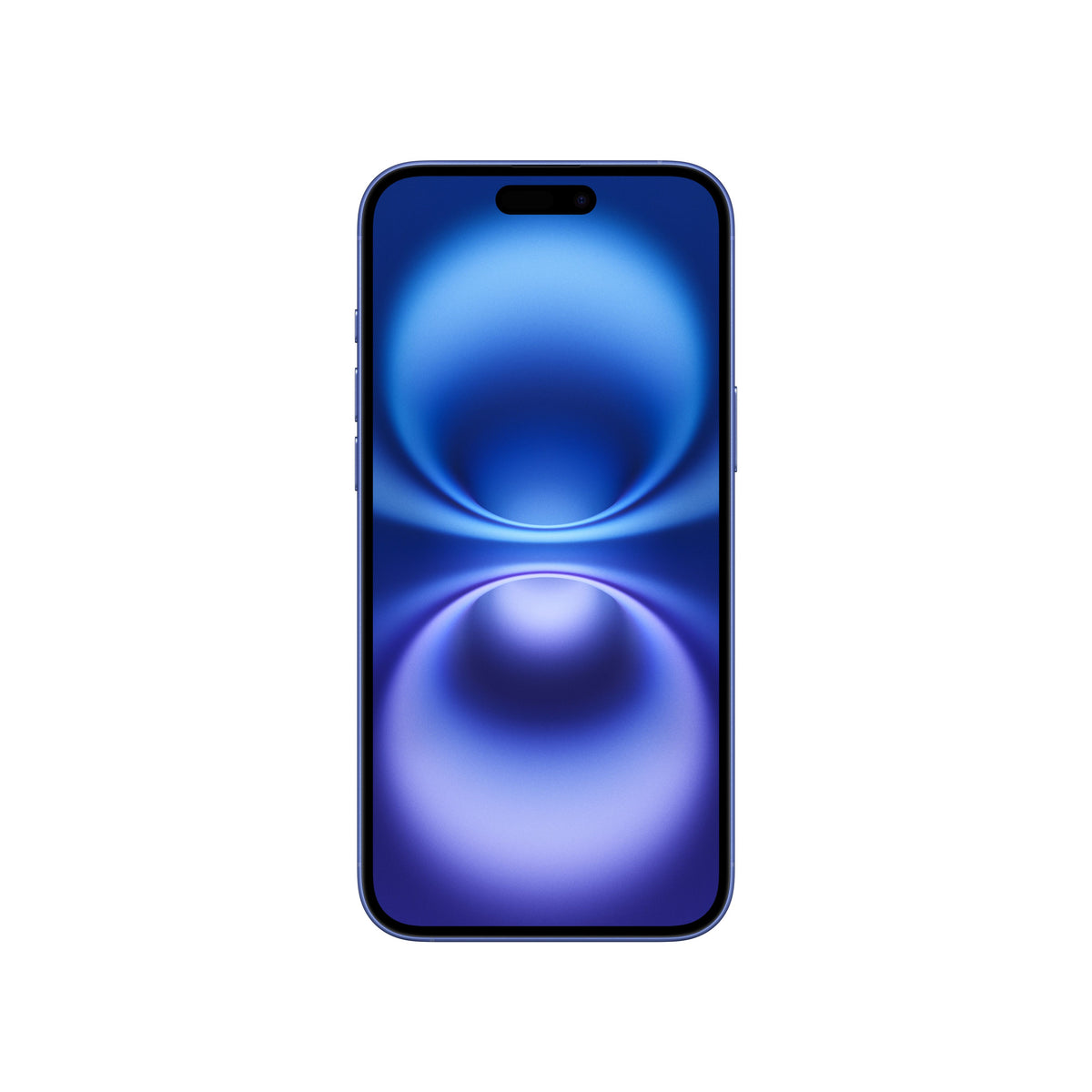 A front-facing view of the ultramarine iPhone 16 showing its vibrant blue Super Retina XDR display, slim bezels, physical buttons along the frame, and the pill-shaped Dynamic Island cutout.