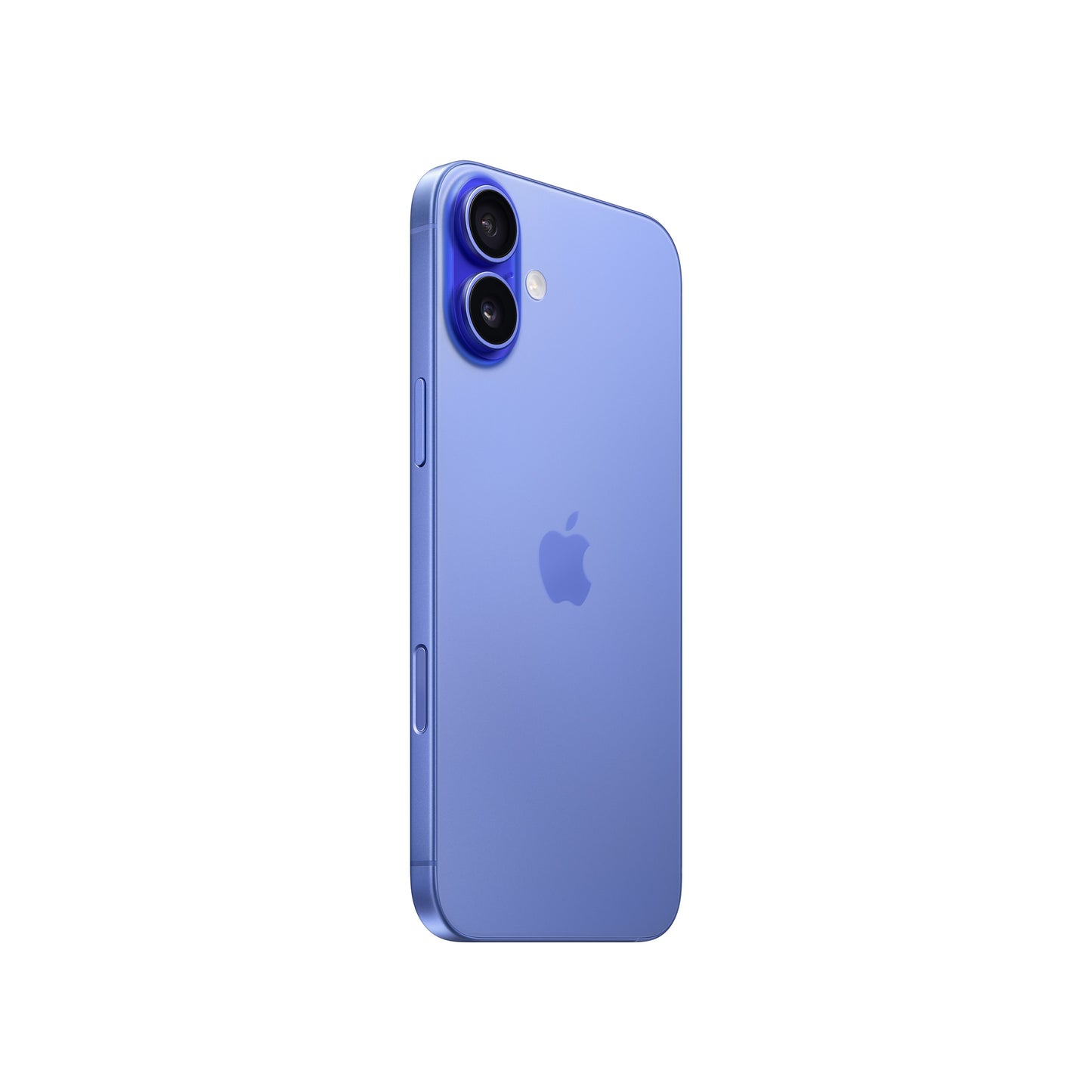 An angled rear view of the ultramarine iPhone 16 showing its color-infused glass back, centered Apple logo, raised vertical dual-lens camera module with a flash beside it, and the physical buttons on the side frame.