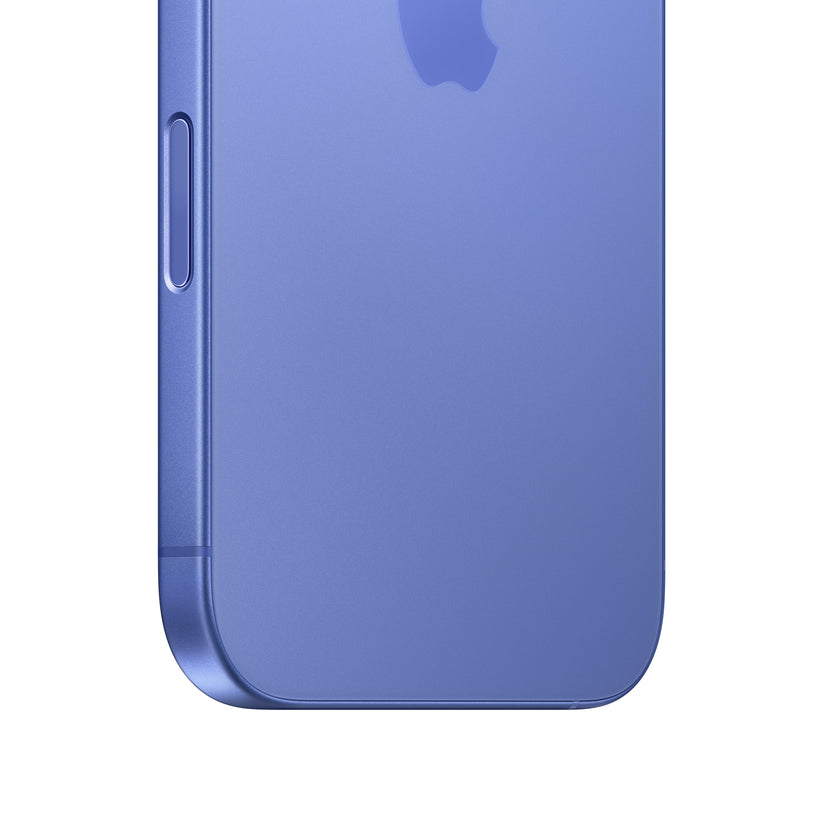 A close-up macro view of the dark-colored iPhone 16 showing the rounded bottom corner, the matte glass back with the lower portion of the Apple logo, and the physical Camera Control button embedded flush into the side frame.