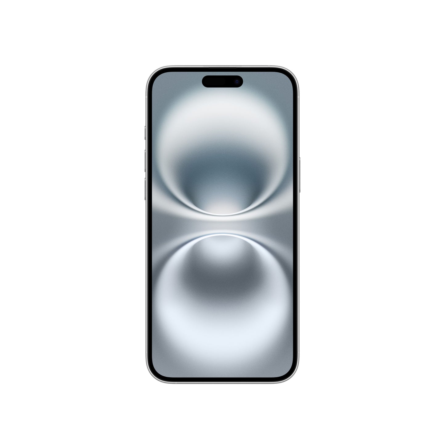 A front-facing view of the white iPhone 16 showing its clean white Super Retina XDR display, slim bezels, side buttons along the silver aluminum frame, and the pill-shaped Dynamic Island cutout.