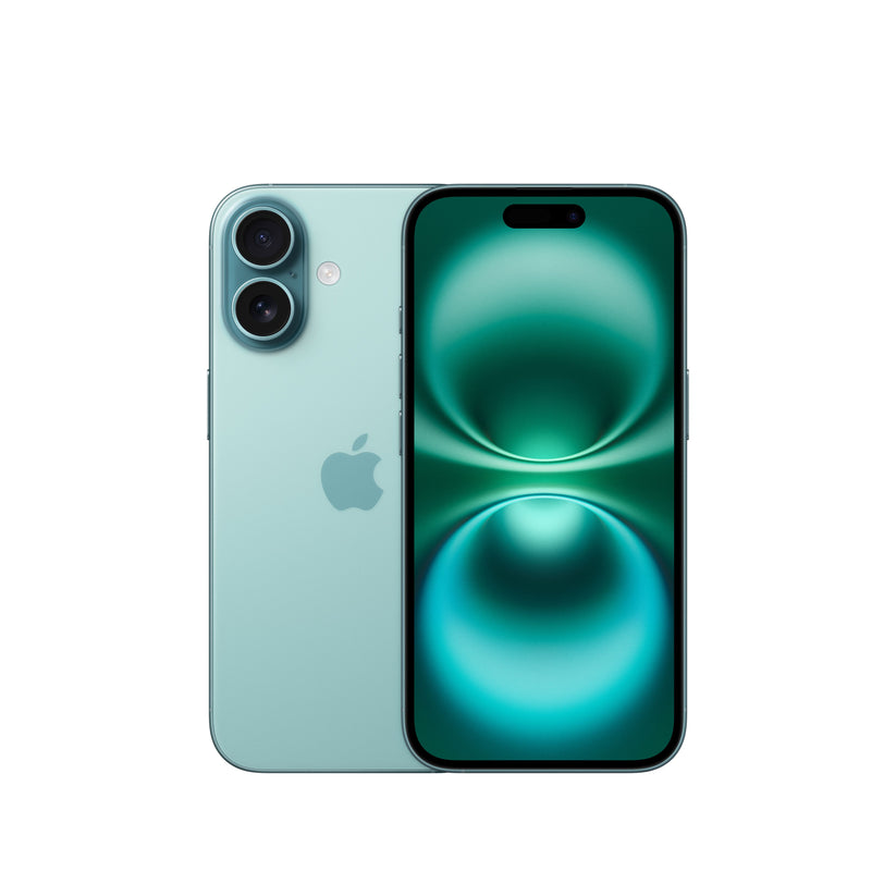 A dual view of the ultramarine iPhone 16 showcasing both the rear panel with its vertical dual-lens camera module and centered Apple logo, alongside the front-facing Super Retina XDR display featuring slim bezels and the pill-shaped Dynamic Island cutout.