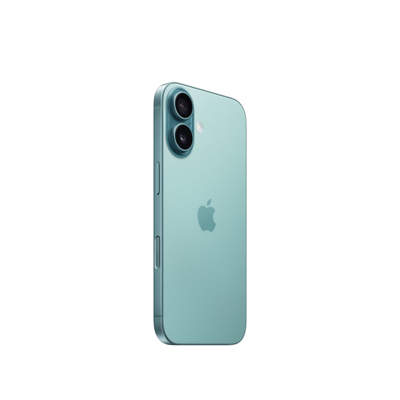 An angled rear view of the teal iPhone 16 showcasing its teal color-infused glass back, centered Apple logo, raised vertical dual-lens camera module with flash, and the physical buttons on the side frame.