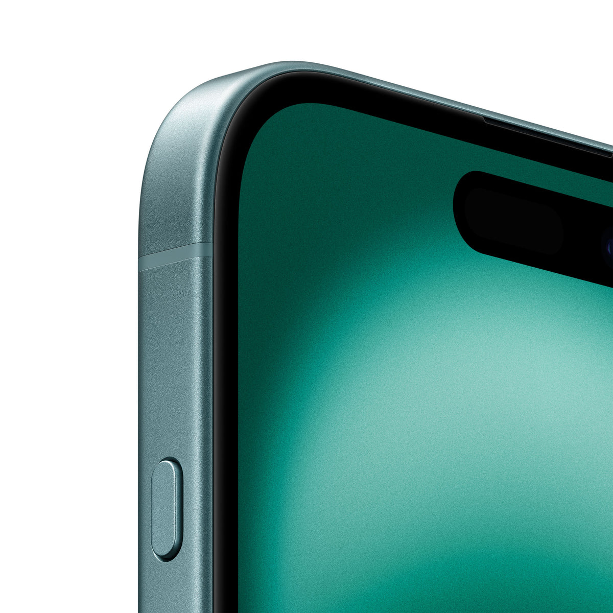 A close-up macro view of the teal iPhone 16 highlighting the rounded corner of the rich teal display, the pill-shaped Dynamic Island cutout, and the textured button module embedded into the color-matched aluminum frame.