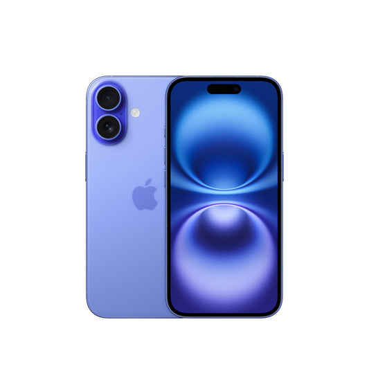 A dual view of the ultramarine iPhone 16 showcasing both the rear panel with its vertical dual-lens camera module and centered Apple logo, alongside the front-facing Super Retina XDR display featuring slim bezels and the pill-shaped Dynamic Island cutout.