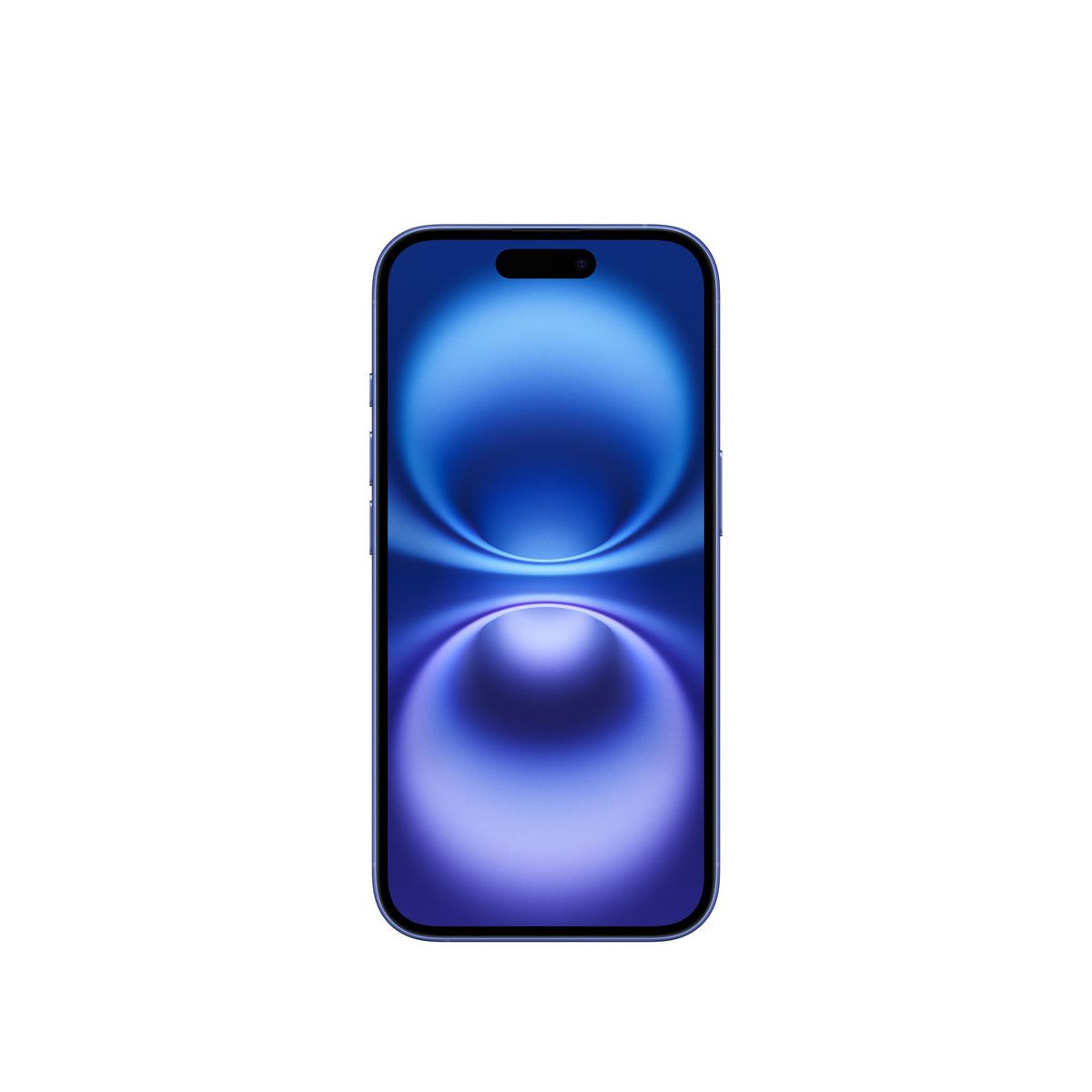 A front-facing view of the ultramarine iPhone 16 showing its vibrant blue Super Retina XDR display, slim bezels, physical buttons along the frame, and the pill-shaped Dynamic Island cutout.
