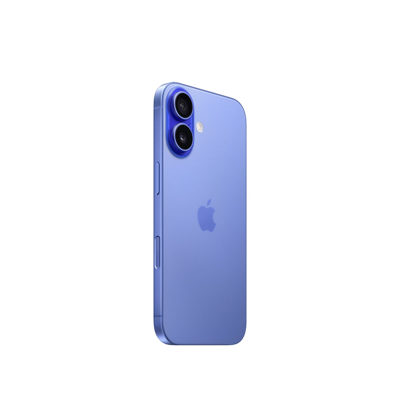 An angled rear view of the ultramarine iPhone 16 showing its color-infused glass back, centered Apple logo, raised vertical dual-lens camera module with a flash beside it, and the physical buttons on the side frame.