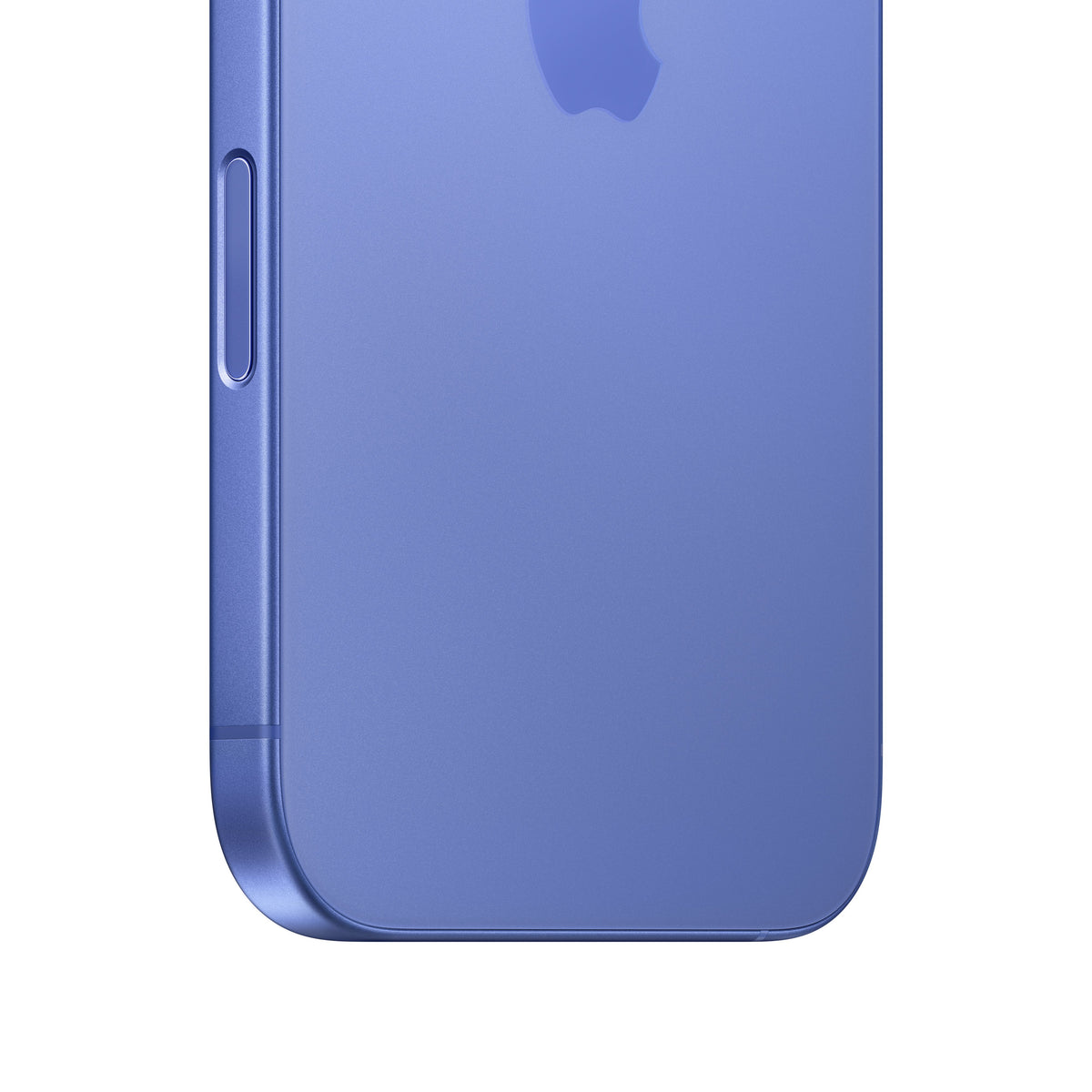 A close-up macro view of the dark-colored iPhone 16 showing the rounded bottom corner, the matte glass back with the lower portion of the Apple logo, and the physical Camera Control button embedded flush into the side frame.