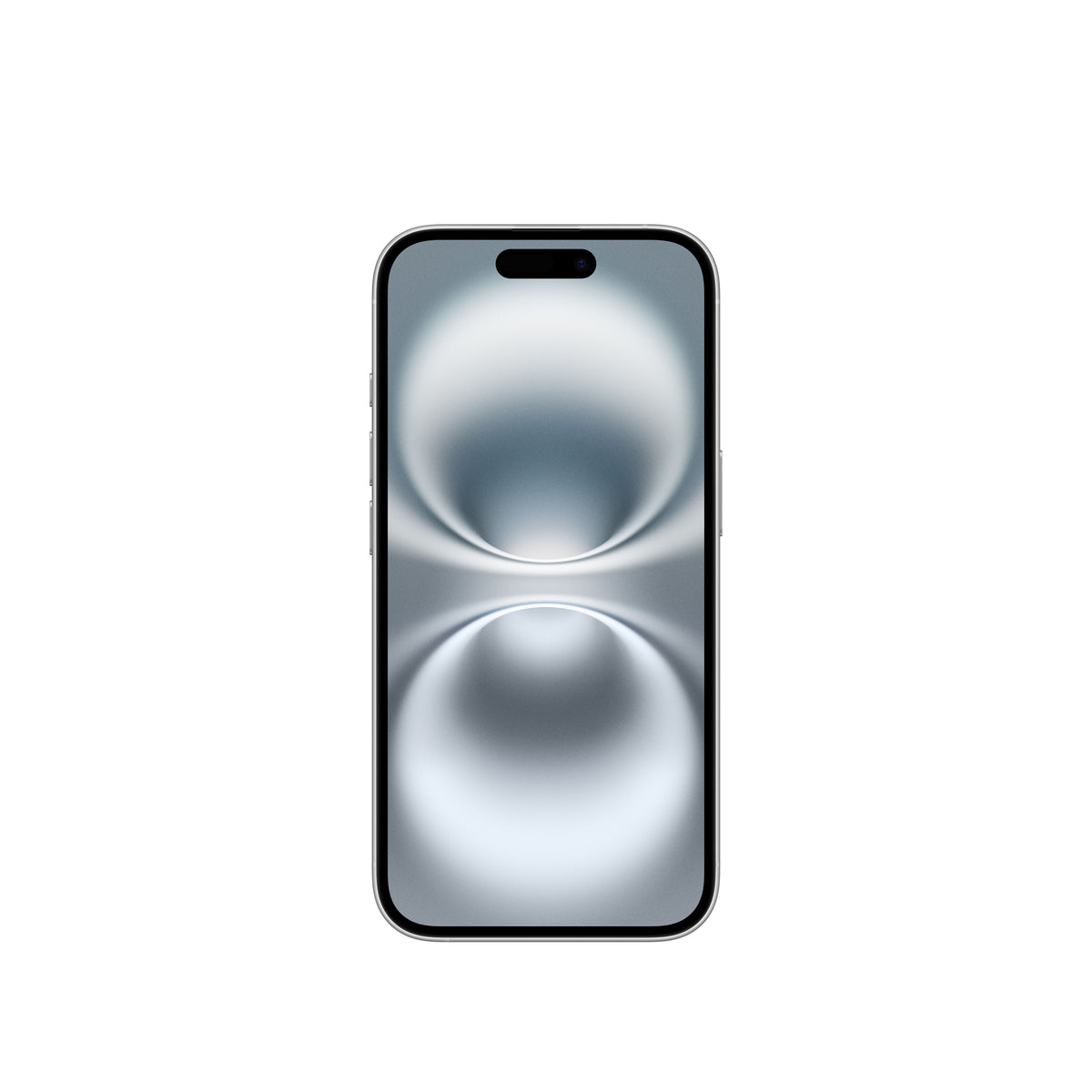 A front-facing view of the white iPhone 16 showing its clean white Super Retina XDR display, slim bezels, side buttons along the silver aluminum frame, and the pill-shaped Dynamic Island cutout.