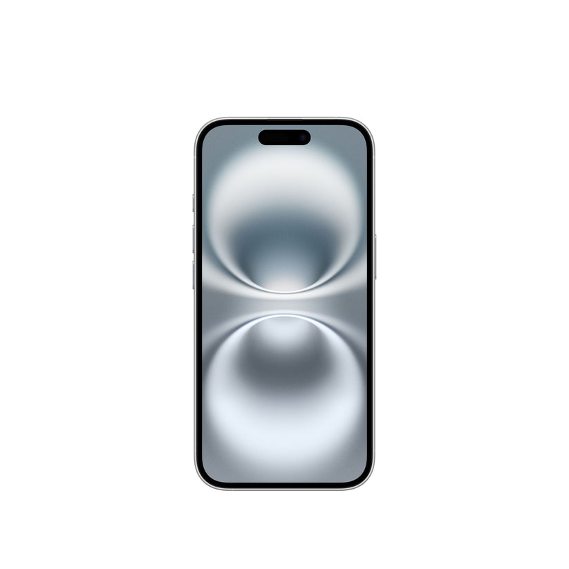 A front-facing view of the white iPhone 16 showing its clean white Super Retina XDR display, slim bezels, side buttons along the silver aluminum frame, and the pill-shaped Dynamic Island cutout.