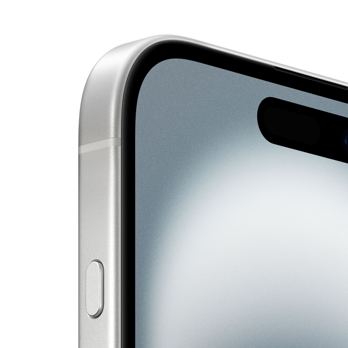A close-up macro view of the white iPhone 16 highlighting the rounded corner of the clean display, the pill-shaped Dynamic Island cutout, and the textured button module embedded into the silver aluminum frame.