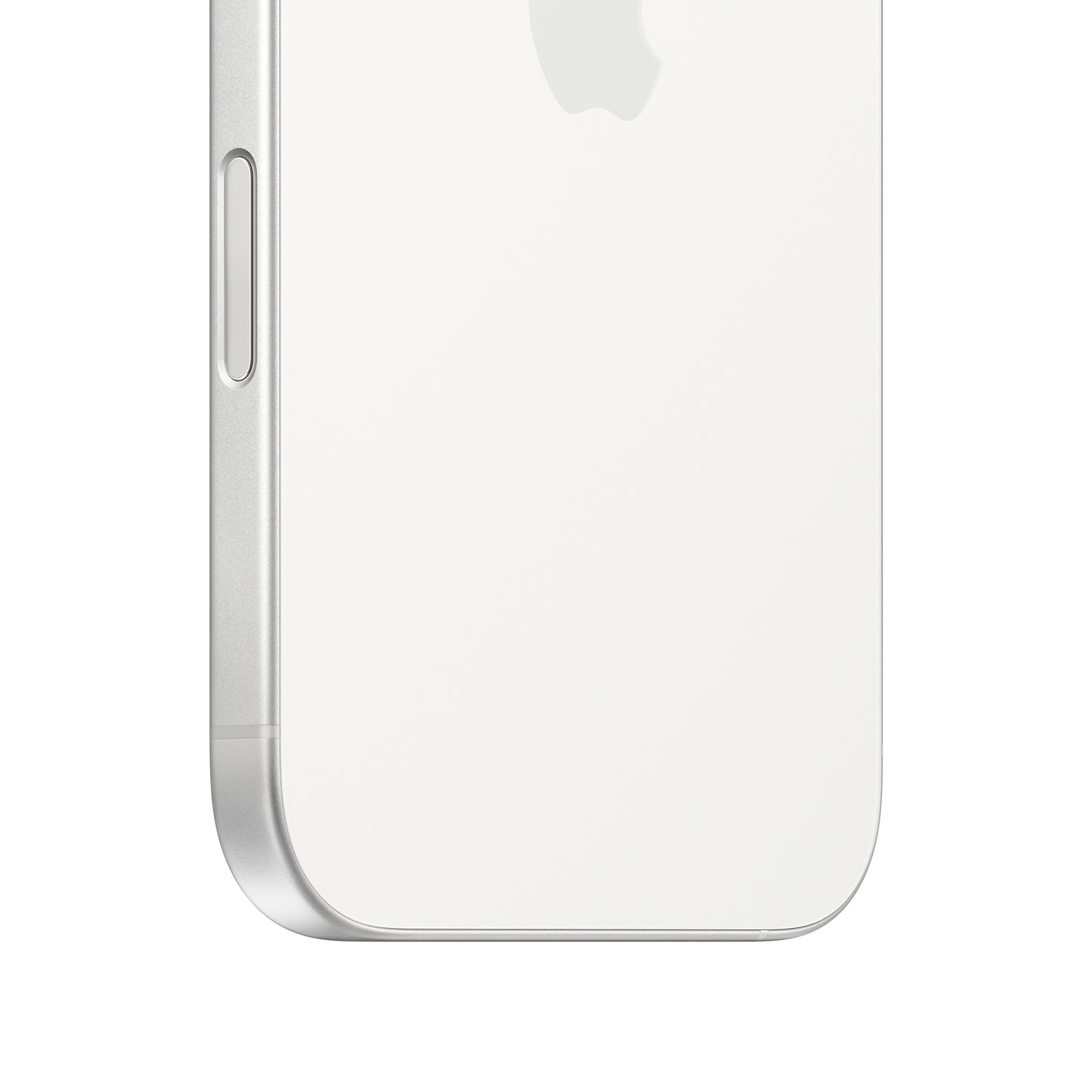 A close-up macro view of the white iPhone 16 highlighting the rounded bottom corner, the clean white matte glass back showing the lower portion of the Apple logo, and the physical Camera Control button seamlessly embedded into the silver aluminum side frame.