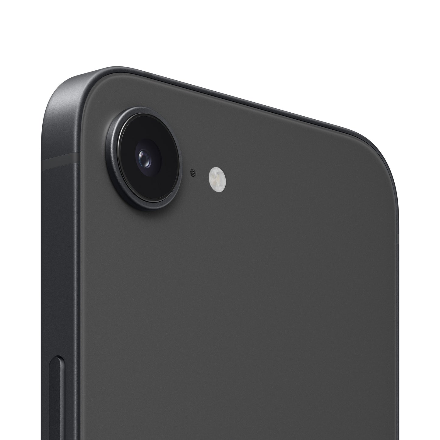 A macro detail shot of the dark iPhone 16e focusing on the single rear camera lens, the companion LED flash, a tiny microphone hole, and the matte finish corner of the aluminum enclosure.