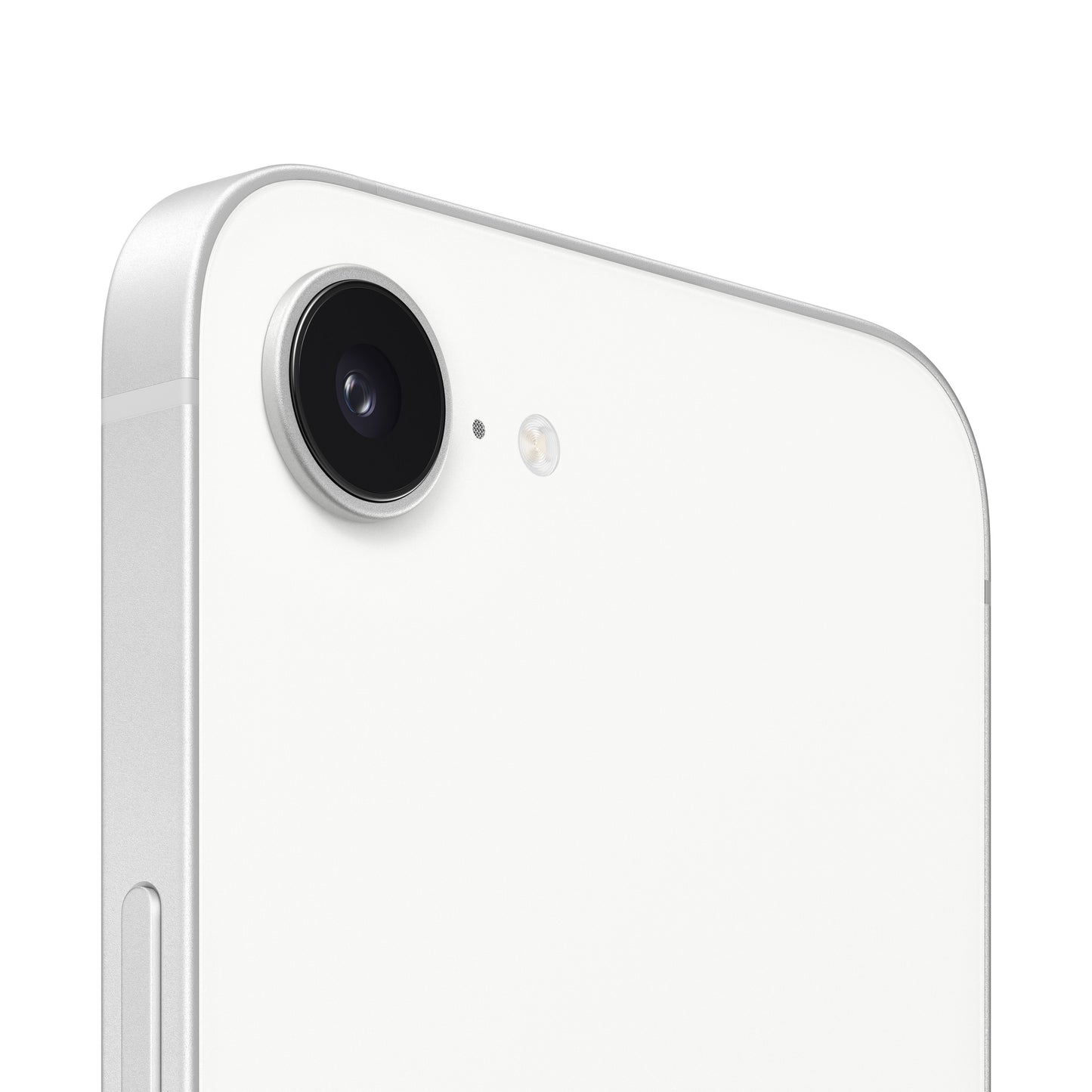 A macro detail shot of the white iPhone 16e focusing on the single rear camera lens, the companion LED flash, a tiny microphone hole, and the matte finish corner of the white aluminum enclosure.