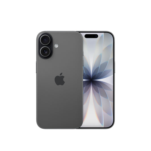 An Apple iPhone 17 displayed in Black, showing the vertical dual-lens rear camera system on the back panel alongside the front display featuring a soft, floral abstract wallpaper and the Dynamic Island