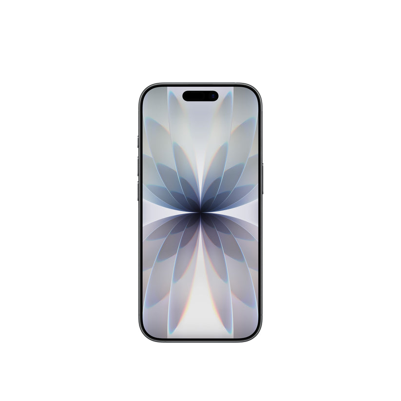 A front-facing view of the Black smartphone, highlighting its edge-to-edge display with the Dynamic Island and the symmetrical, light-toned floral abstract wallpaper.