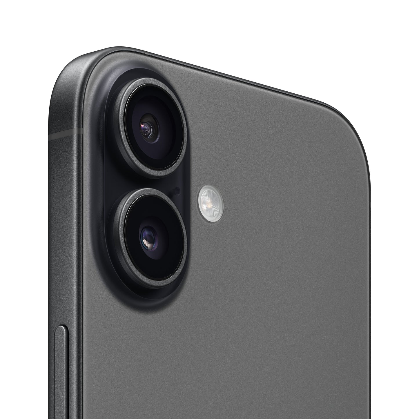 A close-up view of the Black smartphone's rear camera module, highlighting the vertical dual-lens layout, a small microphone hole, and the adjacent flash ring.