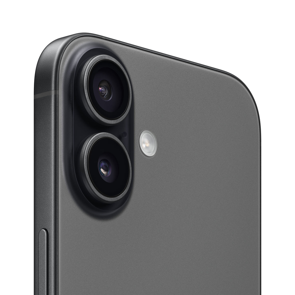A close-up view of the Black smartphone's rear camera module, highlighting the vertical dual-lens layout, a small microphone hole, and the adjacent flash ring.