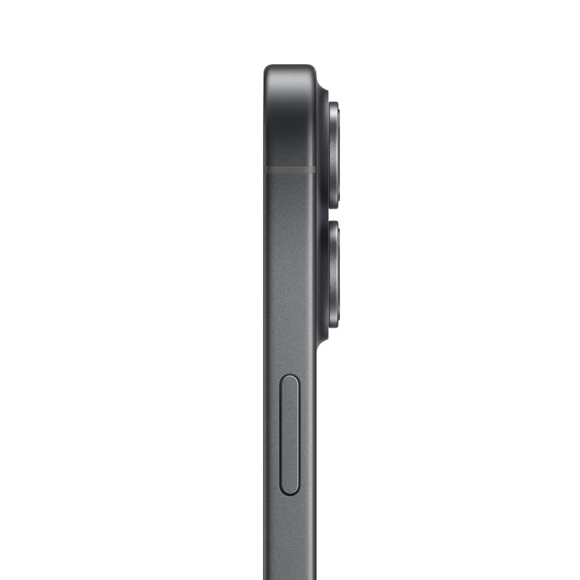 A side profile view of the Black smartphone, showing the side button and the protruding lenses of the vertical dual-camera system.
