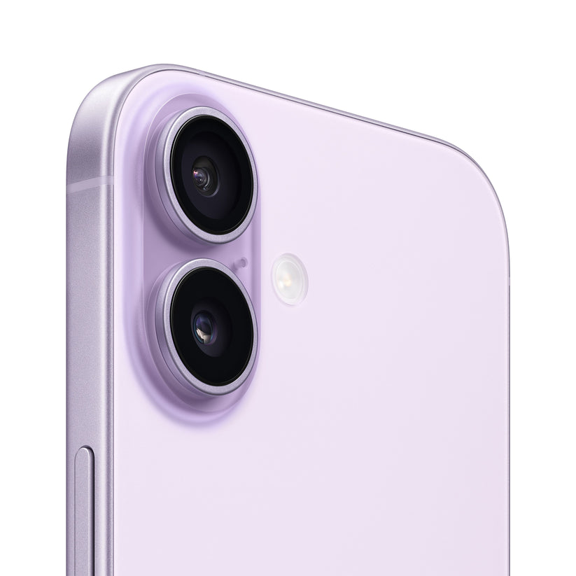 A close-up view of the Lavender smartphone's rear camera module, highlighting the vertical dual-lens layout, a small microphone hole, and the adjacent flash ring.