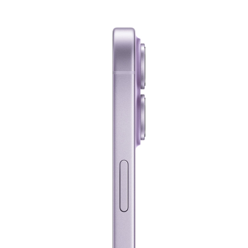 A side profile view of the Lavender smartphone, showing the side button and the protruding lenses of the vertical dual-camera system.