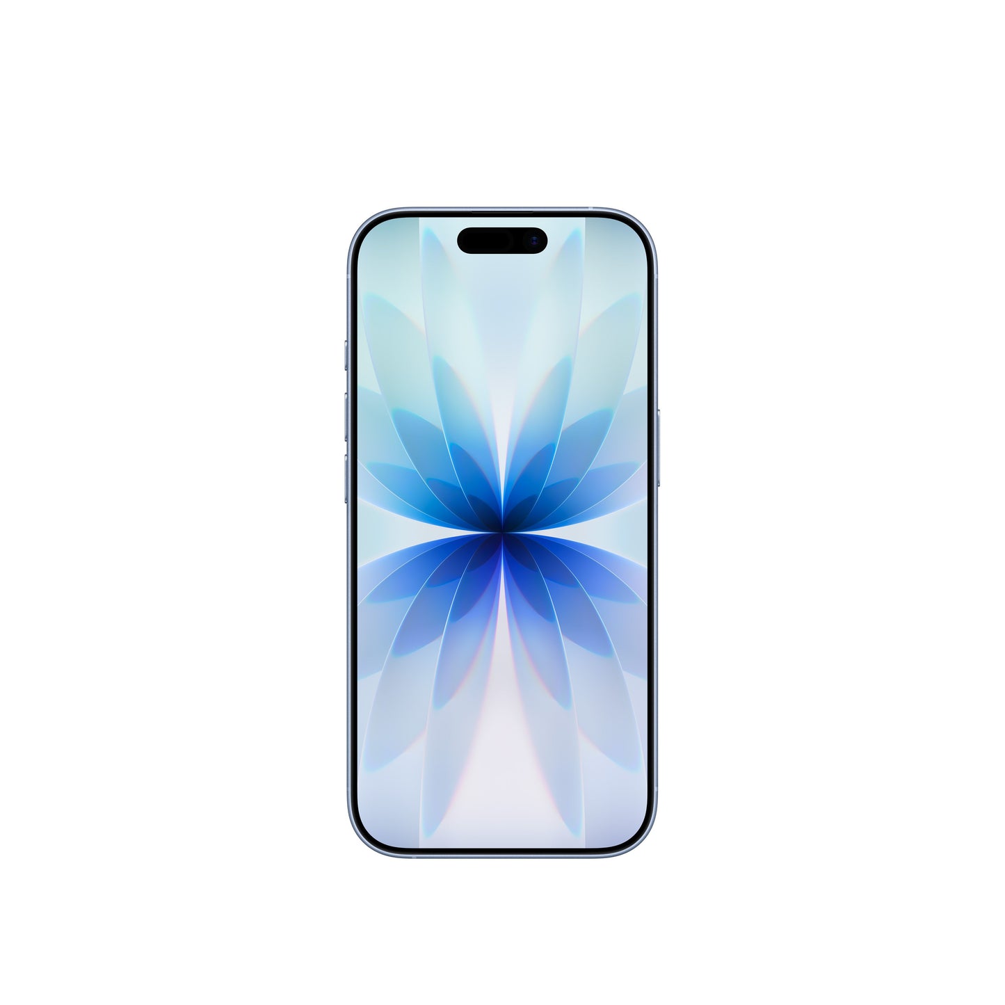 A front-facing view of the Mist Blue smartphone, highlighting its edge-to-edge display with the Dynamic Island and the symmetrical, light-toned floral abstract wallpaper.