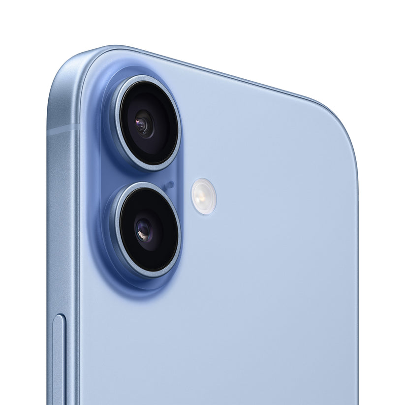 A close-up view of the Mist Blue smartphone's rear camera module, highlighting the vertical dual-lens layout, a small microphone hole, and the adjacent flash ring.