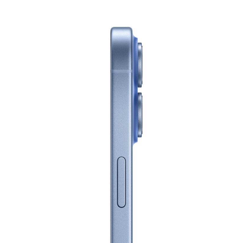 A side profile view of the Mist Blue smartphone, showing the side button and the protruding lenses of the vertical dual-camera system.